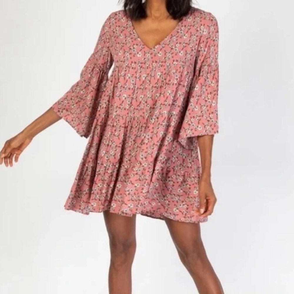 natural life Charlotte Pink Floral V-Neck Tiered Babydoll Mini Dress M